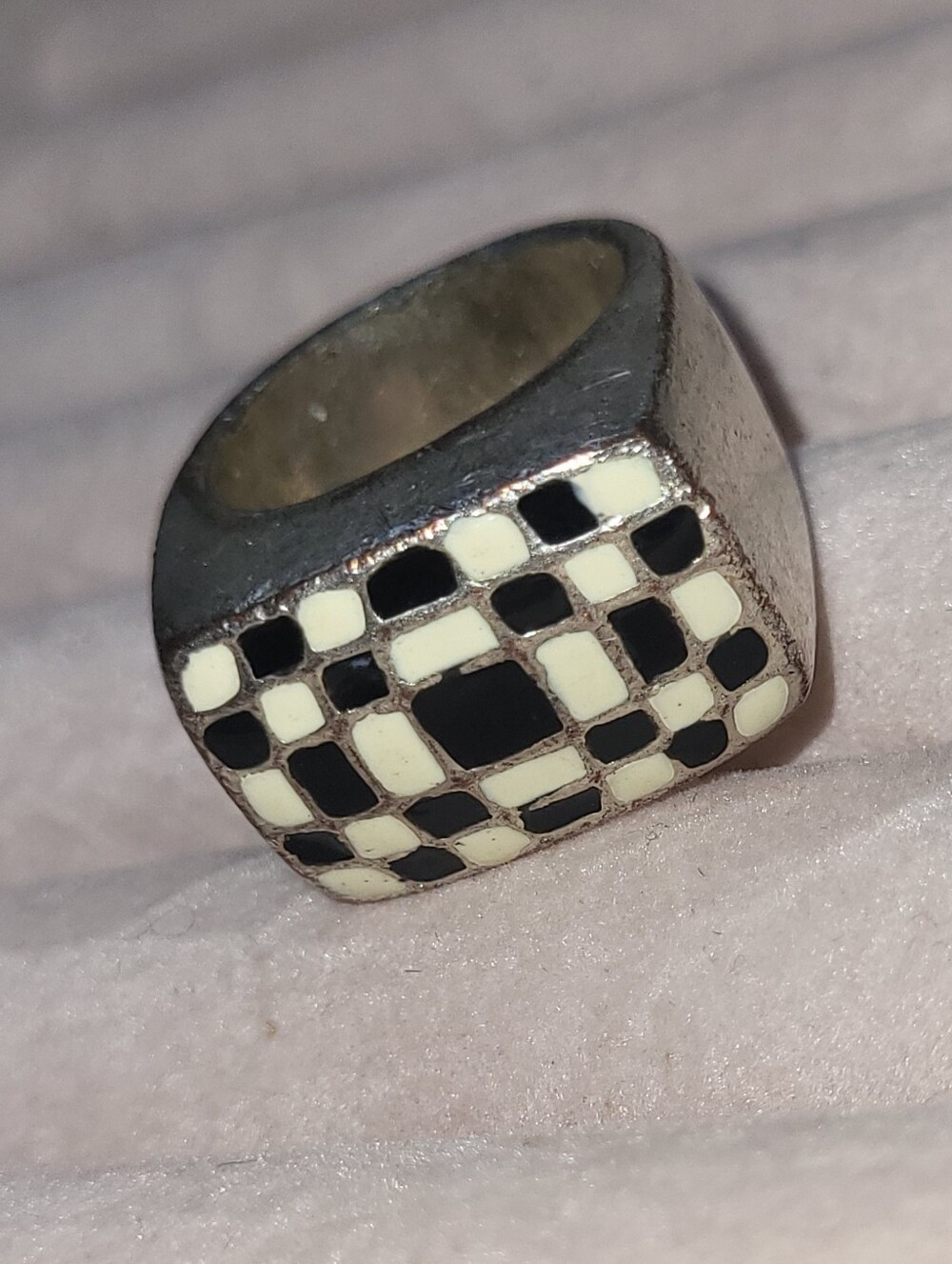 Y2K Chunky Checkered Signet Ring 🏁 Heavy Silver Moto Biker Ring